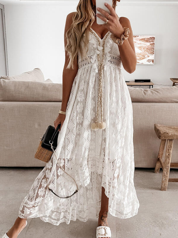 Elegant Boho Lace Slip Maxi Dress – V-Neck, Sleeveless, Lightweight