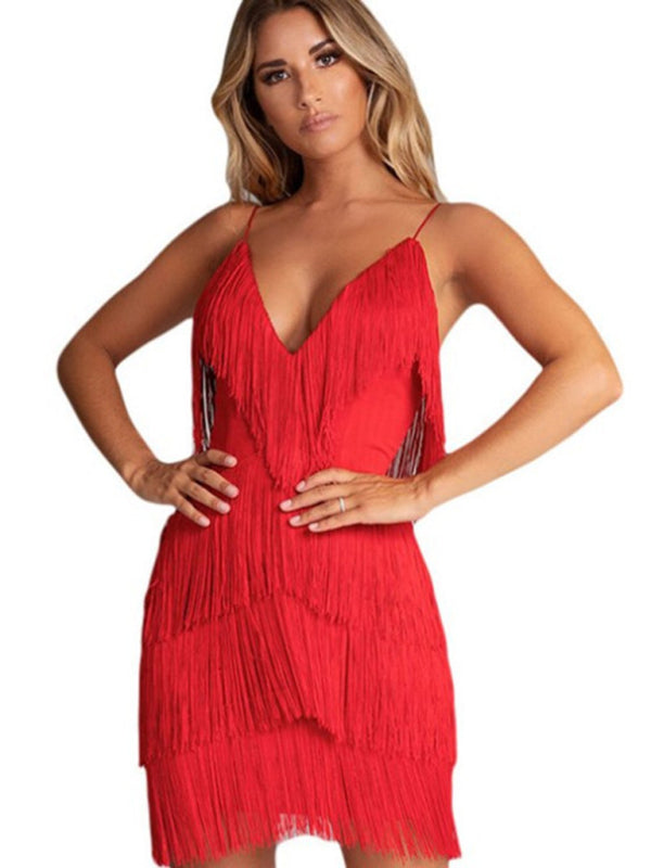 Backless Tassel Deep V Evening Dress