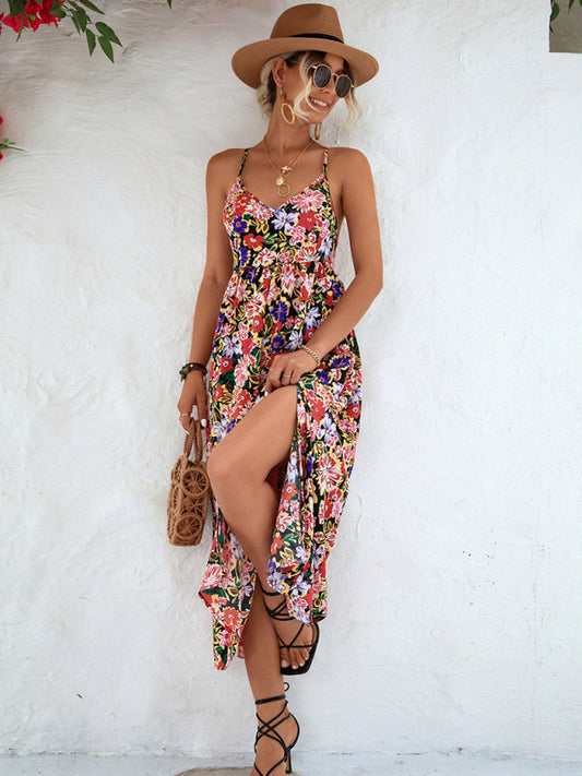 Floral Backless Slit Slip Dress – V-Neck Lightweight Spring-Summer Dress
