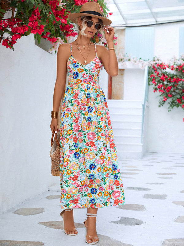 Floral Backless Slit Slip Dress – V-Neck Lightweight Spring-Summer Dress