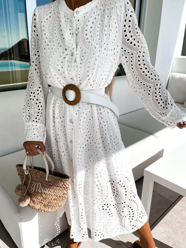 Elegant Lace High-Waisted Midi Dress – White Long Sleeve Spring Summer Style