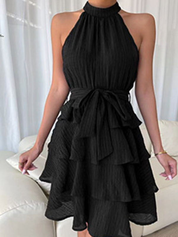 Sleeveless Ruffled Midi Dress – Pleated Design, Round Neck, Summer Chic
