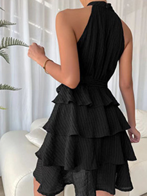Sleeveless Ruffled Midi Dress – Pleated Design, Round Neck, Summer Chic