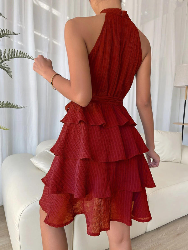 Sleeveless Ruffled Midi Dress – Pleated Design, Round Neck, Summer Chic