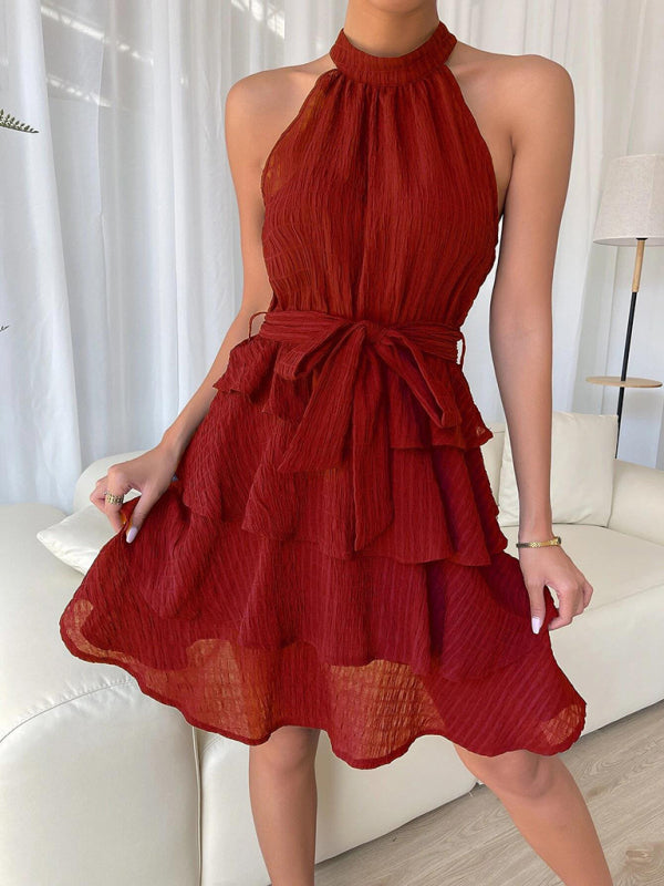 Sleeveless Ruffled Midi Dress – Pleated Design, Round Neck, Summer Chic