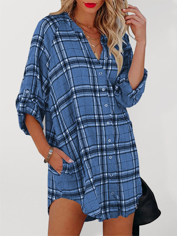 Kariertes Hemdkleid mit V-Ausschnitt für Damen – Lange Ärmel, Baumwollmischung, Frühlingsstil