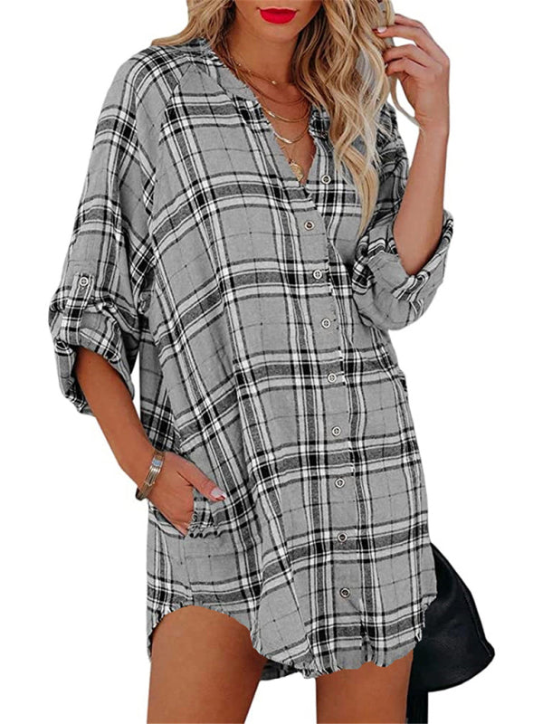 Kariertes Hemdkleid mit V-Ausschnitt für Damen – Lange Ärmel, Baumwollmischung, Frühlingsstil