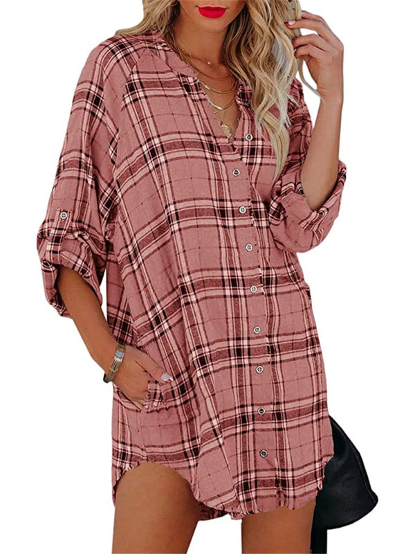 Kariertes Hemdkleid mit V-Ausschnitt für Damen – Lange Ärmel, Baumwollmischung, Frühlingsstil