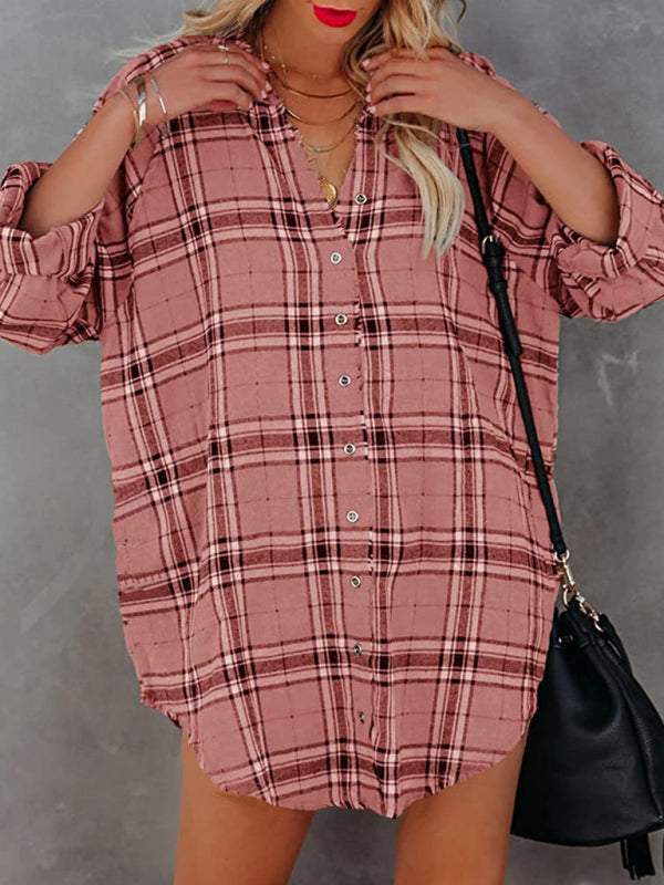 Kariertes Hemdkleid mit V-Ausschnitt für Damen – Lange Ärmel, Baumwollmischung, Frühlingsstil
