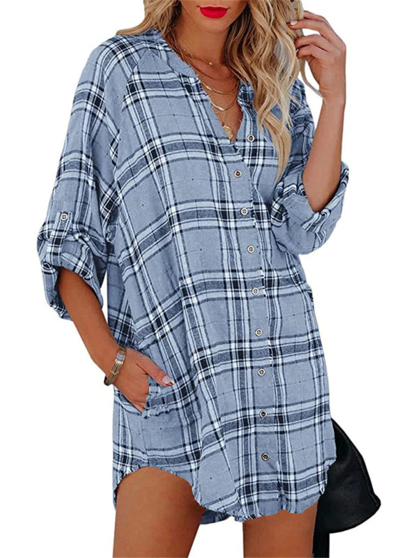 Kariertes Hemdkleid mit V-Ausschnitt für Damen – Lange Ärmel, Baumwollmischung, Frühlingsstil