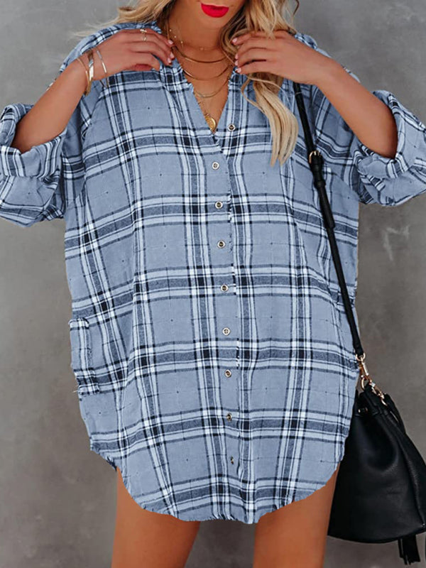 Kariertes Hemdkleid mit V-Ausschnitt für Damen – Lange Ärmel, Baumwollmischung, Frühlingsstil