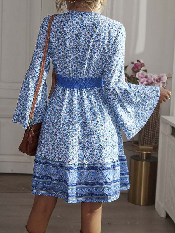 Bohemian V-Neck High Waist Midi Dress – Lotus Sleeves, Spring-Summer Style