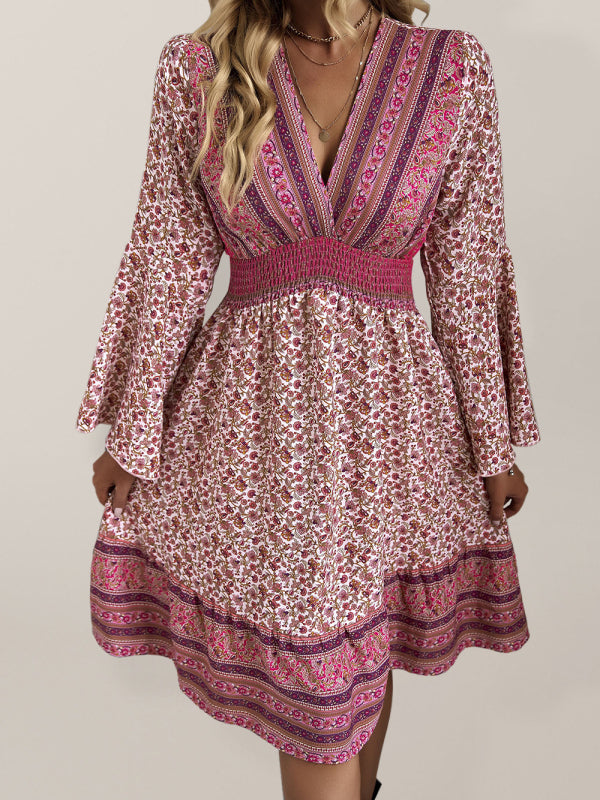 Bohemian V-Neck High Waist Midi Dress – Lotus Sleeves, Spring-Summer Style