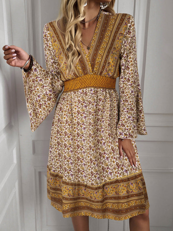 Bohemian V-Neck High Waist Midi Dress – Lotus Sleeves, Spring-Summer Style