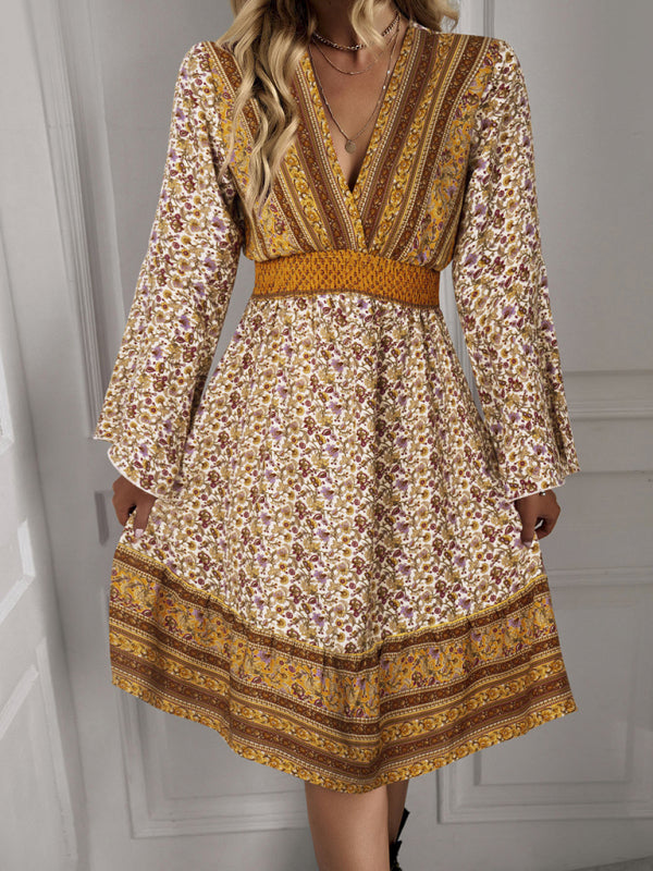 Bohemian V-Neck High Waist Midi Dress – Lotus Sleeves, Spring-Summer Style