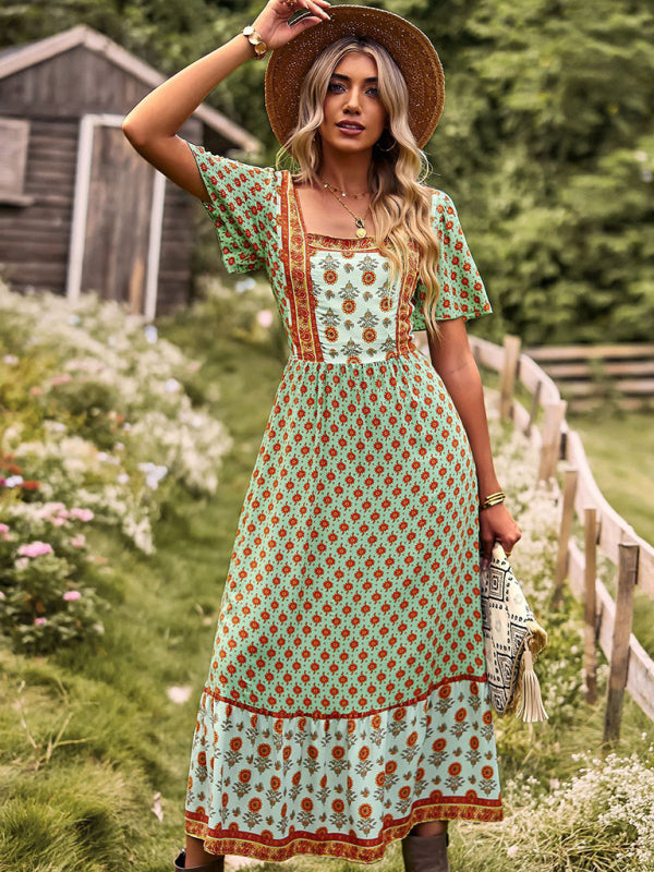 Bohemian Square-Neck Midi Dress – Short Sleeves, High Waist, Woven Viscose