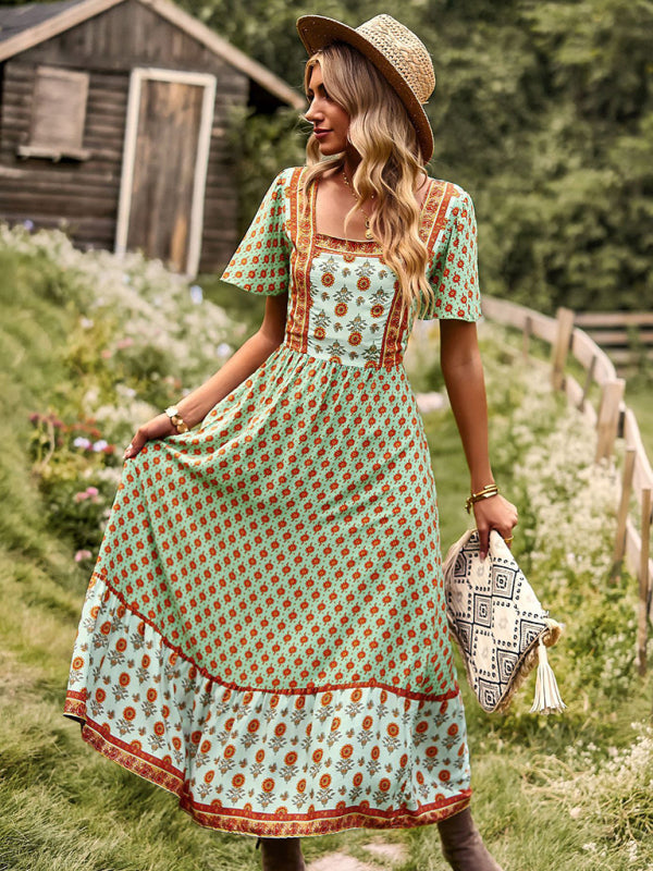 Bohemian Square-Neck Midi Dress – Short Sleeves, High Waist, Woven Viscose