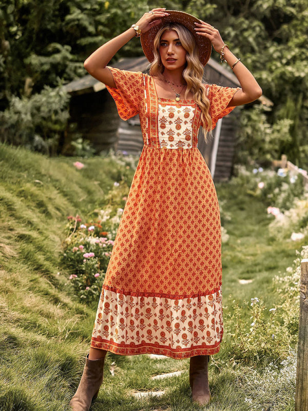 Bohemian Square-Neck Midi Dress – Short Sleeves, High Waist, Woven Viscose