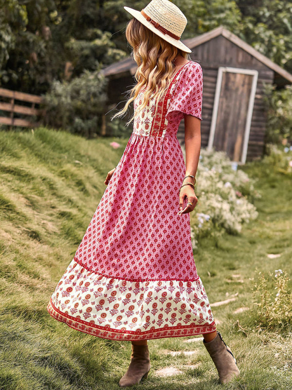 Bohemian Square-Neck Midi Dress – Short Sleeves, High Waist, Woven Viscose