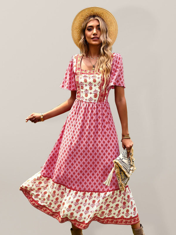 Bohemian Square-Neck Midi Dress – Short Sleeves, High Waist, Woven Viscose