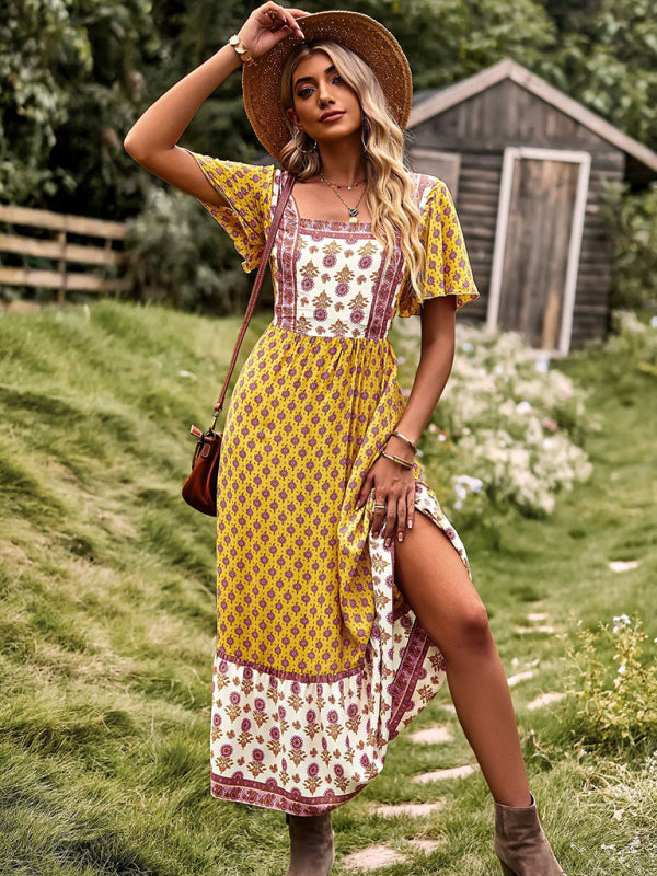 Bohemian Square-Neck Midi Dress – Short Sleeves, High Waist, Woven Viscose