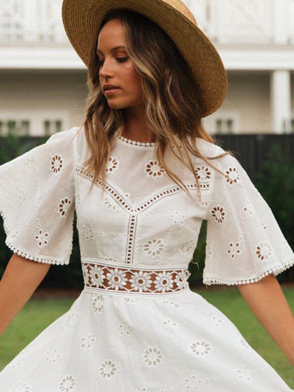 Open Back Hollow Fringed Dress – Cotton Blend, High Waist, Boho Style