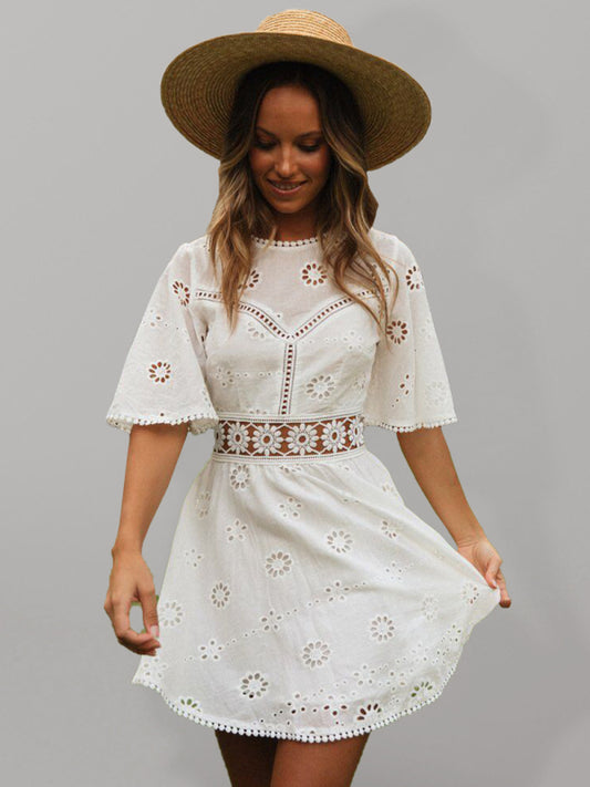 Open Back Hollow Fringed Dress – Cotton Blend, High Waist, Boho Style