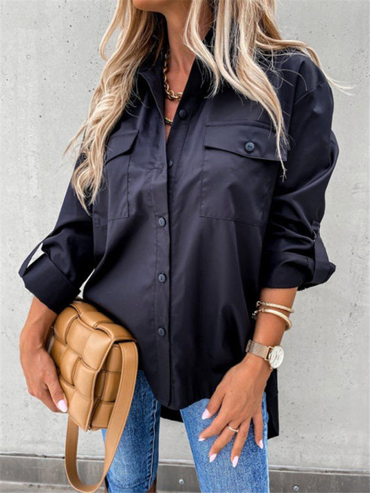 Women's Irregular Hem Long Sleeve Lapel Shirt