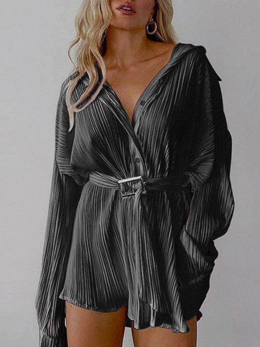 Pleated Long Sleeve Belted Shirt Dress – Casual Woven Midi, Lapel Collar