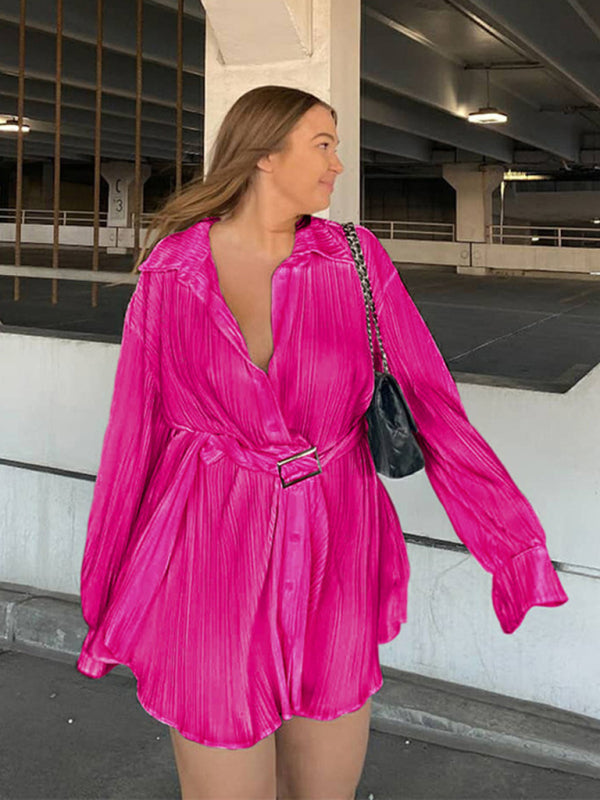 Pleated Long Sleeve Belted Shirt Dress – Casual Woven Midi, Lapel Collar