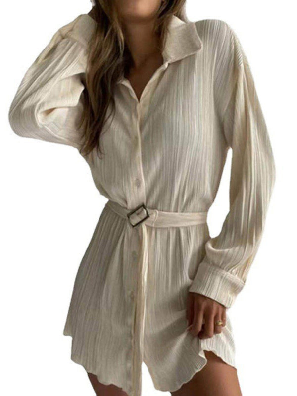 Pleated Long Sleeve Belted Shirt Dress – Casual Woven Midi, Lapel Collar