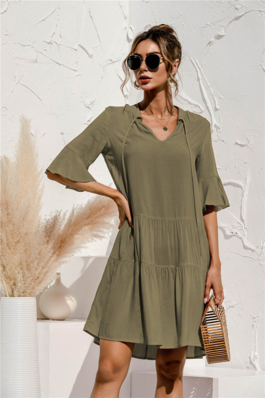 Floral V-Neck Trumpet Sleeve Dress – Lightweight Woven Cake Style