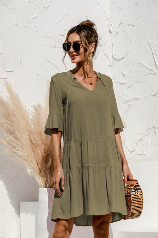 Floral V-Neck Trumpet Sleeve Dress – Lightweight Woven Cake Style