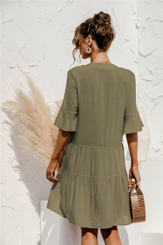 Floral V-Neck Trumpet Sleeve Dress – Lightweight Woven Cake Style