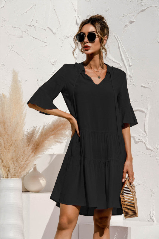 Floral V-Neck Trumpet Sleeve Dress – Lightweight Woven Cake Style