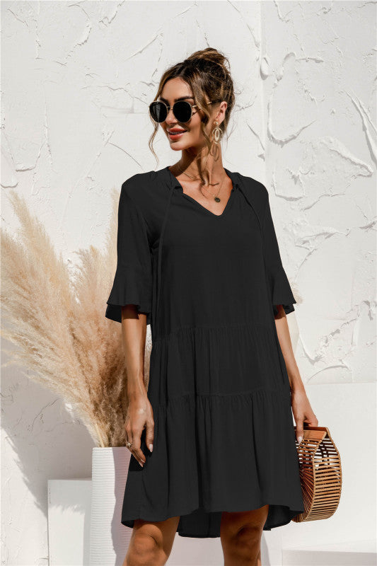 Floral V-Neck Trumpet Sleeve Dress – Lightweight Woven Cake Style