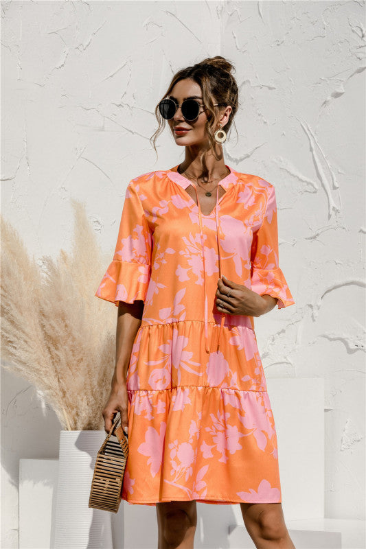 Floral V-Neck Trumpet Sleeve Dress – Lightweight Woven Cake Style