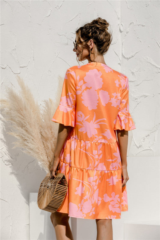 Floral V-Neck Trumpet Sleeve Dress – Lightweight Woven Cake Style