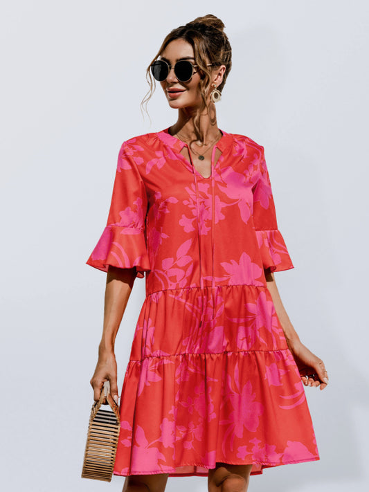Floral V-Neck Trumpet Sleeve Dress – Lightweight Woven Cake Style
