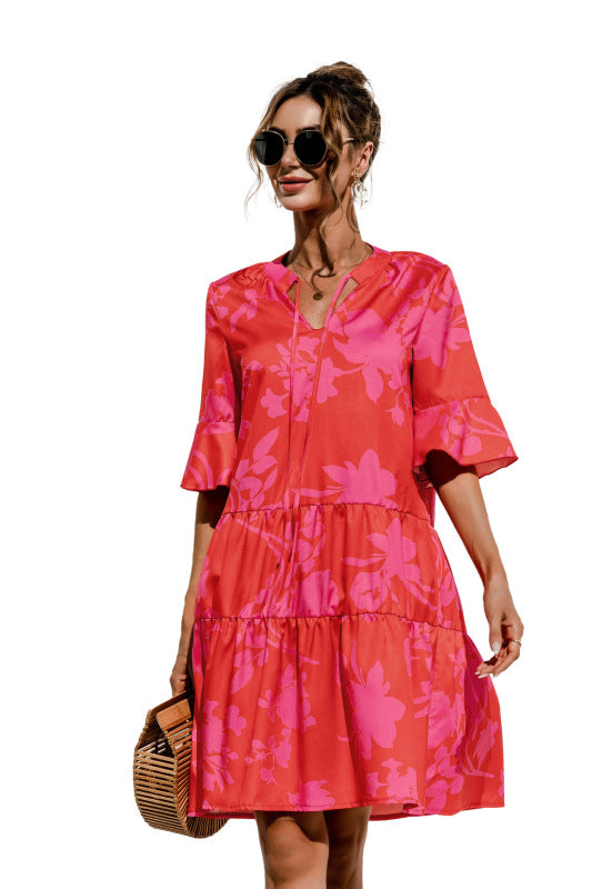 Floral V-Neck Trumpet Sleeve Dress – Lightweight Woven Cake Style