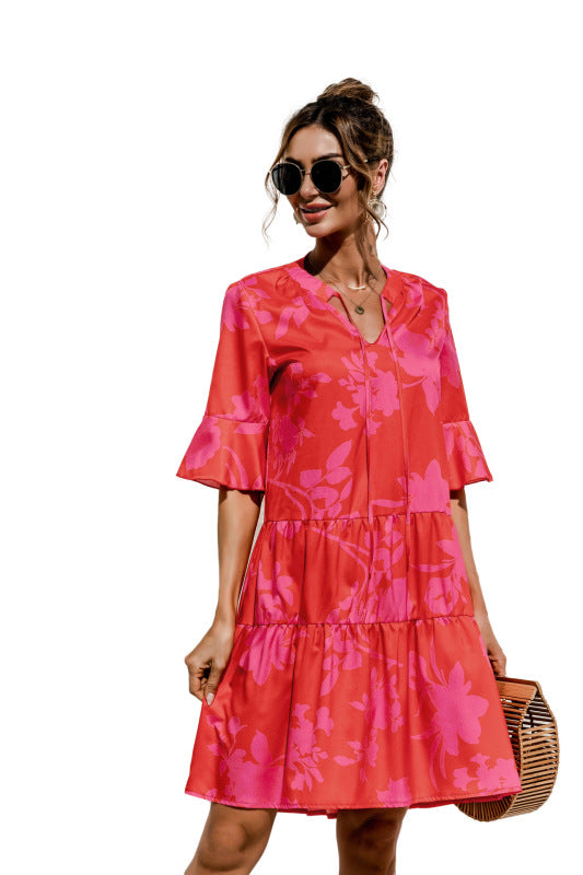 Floral V-Neck Trumpet Sleeve Dress – Lightweight Woven Cake Style