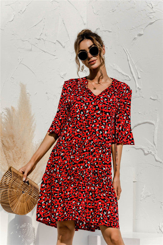 Floral V-Neck Trumpet Sleeve Dress – Lightweight Woven Cake Style