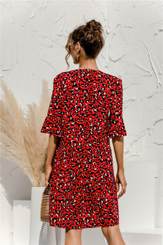 Floral V-Neck Trumpet Sleeve Dress – Lightweight Woven Cake Style