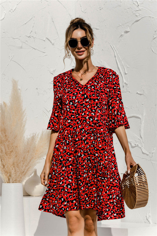 Floral V-Neck Trumpet Sleeve Dress – Lightweight Woven Cake Style