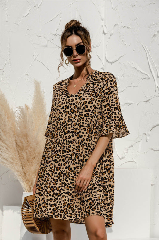 Floral V-Neck Trumpet Sleeve Dress – Lightweight Woven Cake Style