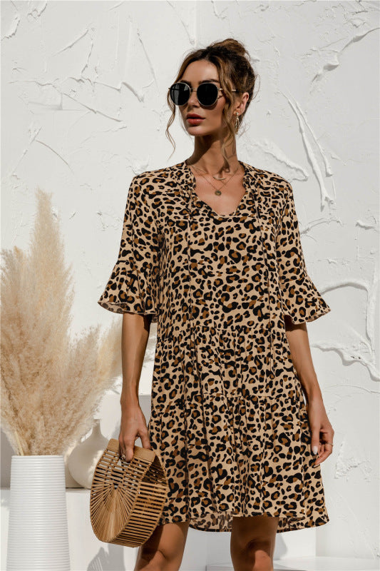 Floral V-Neck Trumpet Sleeve Dress – Lightweight Woven Cake Style