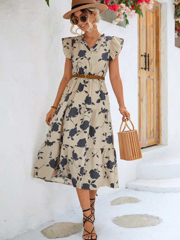 Floral V-Neck Flying Sleeve Midi Dress – Lightweight, Woven for Summer