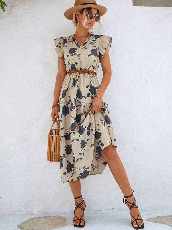 Floral V-Neck Flying Sleeve Midi Dress – Lightweight, Woven for Summer