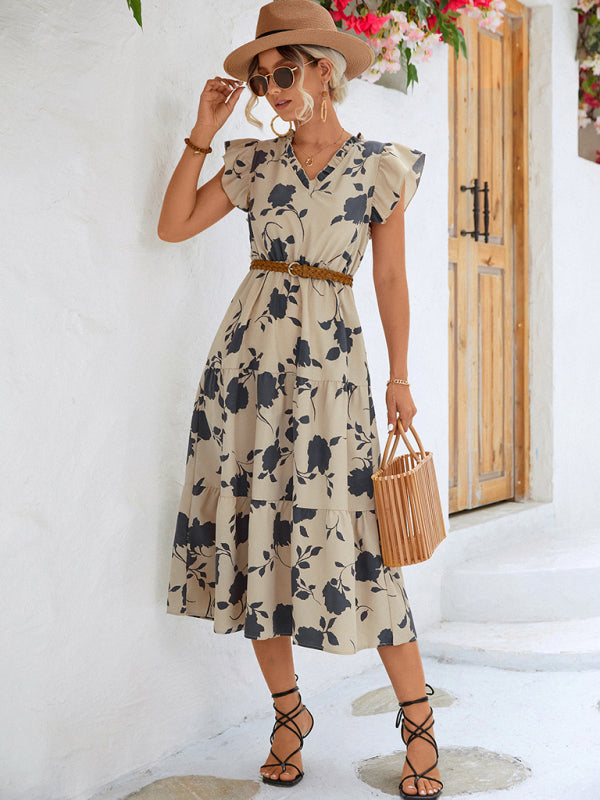 Floral V-Neck Flying Sleeve Midi Dress – Lightweight, Woven for Summer
