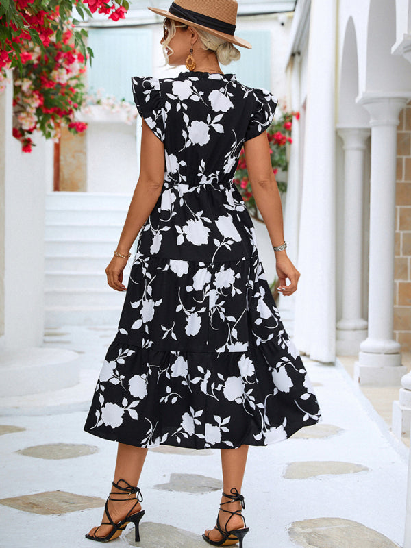 Floral V-Neck Flying Sleeve Midi Dress – Lightweight, Woven for Summer
